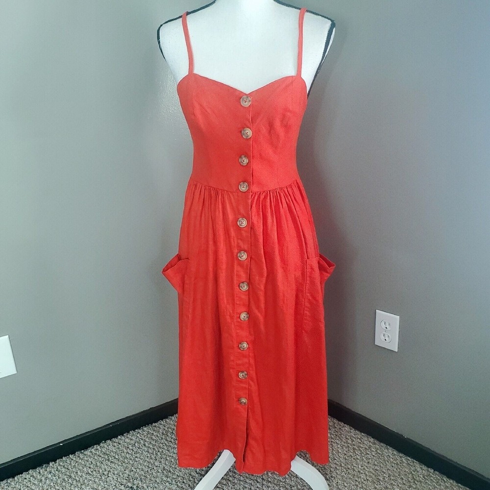 Cooperative Dress Women's Medium Orange Red Linen Blend Pockets Urban Outfitters